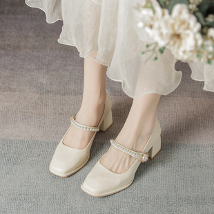 法式粗跟单鞋伴娘鞋日常可穿杏色中跟婚鞋新娘高跟鞋主婚纱不累脚