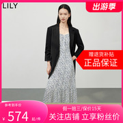 商场同款lily2024夏女装(夏女装)法式复古方，领时尚印花高腰连衣裙