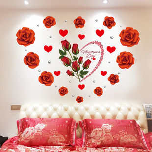 浪漫花卉墙贴卧室床头，客厅沙发墙，装饰墙上贴画贴纸红色玫瑰花壁纸