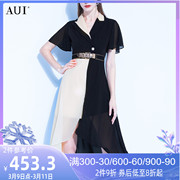 aui御姐风黑白撞色雪纺连衣裙，女2023夏款气质，不规则设计感西装裙