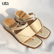 uta夹脚凉鞋两穿坡跟夏季中跟外穿法式真皮复古罗马手工女鞋