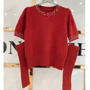 红色毛衣女设计感可拆卸断两截袖子分离泡泡袖珍珠针织打底衫秋冬
