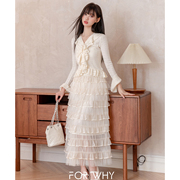 清货折半裙fforwhy针织背心喇叭袖，开衫两套雪纺蕾丝蛋糕裙