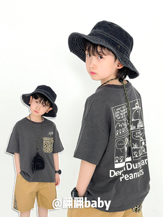 24夏季日系潮男儿童装宽松纯棉豹纹帅气卡通街头圆领短袖T恤