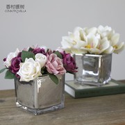 现代简约银色方形玻璃花瓶花器方缸会议桌餐桌茶几摆件花艺套装