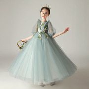 大码生日绿色礼服2024春夏季小女孩花童公主裙主持钢琴表演服