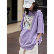 紫色复古油画设计感花朵，印花短袖t恤女韩版宽松夏季潮流上衣体恤