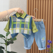 婴儿衣服春季韩版卡通洋气时髦毛衣，马甲三件套一周岁男宝宝套装潮