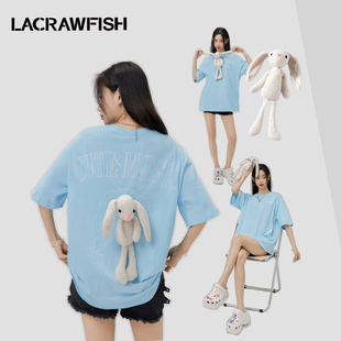 lacrawfish可爱少女趣味兔子，玩偶短袖t恤女全棉圆领宽松甜酷上衣