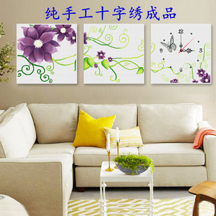 KS色系客厅大幅三联画钟表花卉紫色优雅出售纯手工十字绣成品