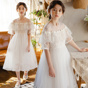 女童白色连衣裙夏季2024洋气礼服，网纱短袖裙子儿童蕾丝公主裙