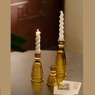 复古玻璃烛台 氛围北欧 创意条纹家用蜡烛光晚杯餐厅摆件欧式