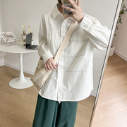 白色简约韩版复古秋装衬衫，女明楫线上衣秋季百搭大口袋设计感衬衣