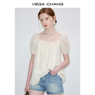 vegachang衬衫女2024年夏季休闲宽松设计感重工提花雪纺衬衫