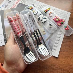 DIY学生儿童不锈钢可爱筷子勺子叉子三件套便携单人用餐具收纳盒