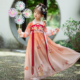 女高端加厚儿童改良公主襦裙连衣裙，童冬款中国风，雪纺橘色汉服