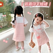 2022夏季女童假两件背带T恤裙幼儿园纯棉卡通可爱宝宝连衣裙