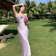 醋酸缎面香芋紫吊带连衣裙，女夏季名媛气质，打底包臀长裙高级感裙子
