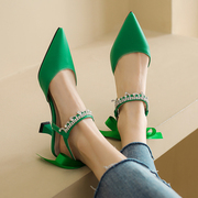 绿色凉鞋女夏季细跟高跟鞋设计感小众气质名媛，包头大码女鞋41一43