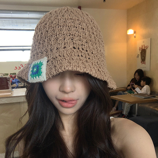 韩国ins小众编织水桶帽网红贴布镂空(布镂空)草帽，女时尚防晒渔夫帽针织帽