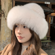 水貂毛帽子女秋冬季貂毛狐狸毛渔夫帽水貂皮草帽冬季时尚保暖盆帽