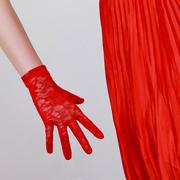 红色蕾丝手套短款镂空玫瑰蔷薇花纹手臂套韩式礼服性感防晒洛丽塔