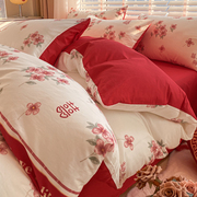 结婚纯棉床上四件套全棉，100被套床单被罩，红色喜庆床笠三件套床品4