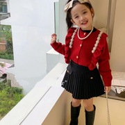 女童秋冬装毛衣外套2024红色公主，上衣洋气荷叶，边袖中大童针织开衫