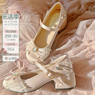 pinkyo原创法式玛丽珍鞋甜美仙女蝴蝶结浅口单鞋，女圆头粗跟高跟鞋