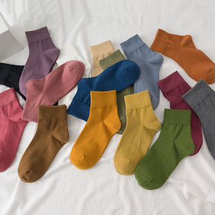 日系缤纷色彩休闲短袜特别百搭的纯棉中筒袜纯色短筒袜子春季