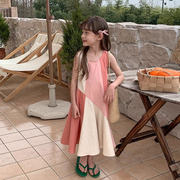 女童拼色连衣裙夏装2024儿童，圆领无袖沙滩，裙子大童夏季公主裙