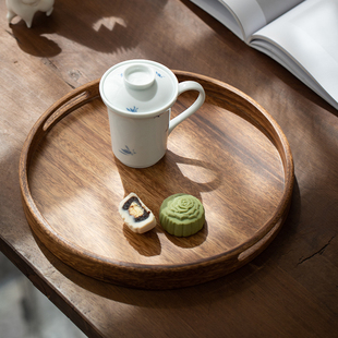 胡桃木家用圆形托盘日式实木盘子，木质咖啡托盘果盘茶盘零食收纳盘