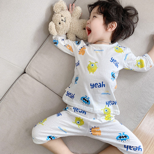 儿童纯棉中袖镂空家居服男童，睡衣婴幼儿宝宝呼吸透气卡通空调服薄