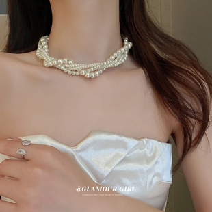 法式复古多层珍珠项链女 时尚个性气质贝珠颈链麻花缠绕锁骨链