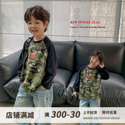 韩国童装帅气男孩迷彩t恤2024男童秋装，上衣儿童插肩长袖体恤