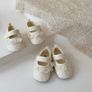 春秋婴儿宝宝蕾丝公主鞋，0-1岁学步彩棉新生儿百天周岁布鞋不掉鞋