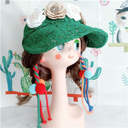 vintage文艺复古撞色绿色花朵，镂空蕾丝遮阳折叠空顶马尾发带帽子