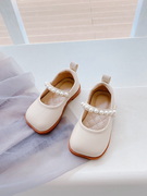 女童秋鞋2022儿童女宝宝，小皮鞋时尚幼儿园，方头软底珍珠公主鞋
