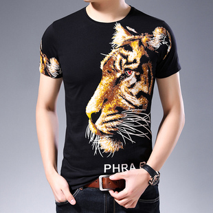 夏季男士带霸气短袖t恤个性3d大老虎头，动物图案印花半袖体恤衫潮