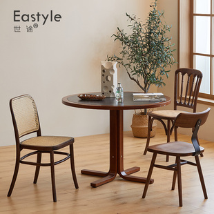 复古实木黑色岩板圆桌日式原木小户型餐桌现代简约白色圆形饭桌子