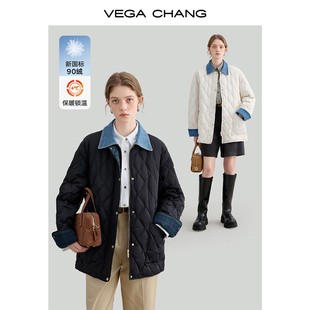 VEGA CHANG菱格羽绒服女短款2023年冬装加厚保暖牛仔拼接外套