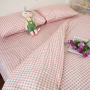 粉红格子少女纯棉四件套全棉双人宿舍三件套床单被套床上秋冬