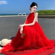 新中式晨袍连衣裙红色纱裙设计感挂脖宽松型礼服长裙露肩吊带裙