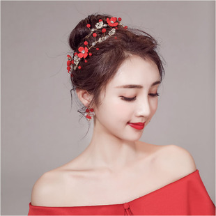 新娘头饰红色发箍韩式结婚三件套发饰，中式古装敬酒服配饰盘发饰品