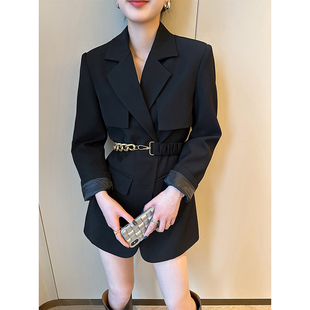 PINKEEN 黑色西装外套女秋季款2023设计感收腰显瘦中长款上衣