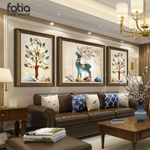 美式客厅装饰画欧式沙发背景墙壁画大气麋鹿挂画三联油画花卉复古