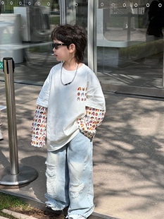 小杰家春季韩版男童百搭套头洋气，时尚假两件儿童长袖t恤潮
