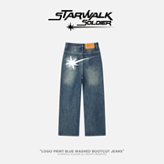 STARWALK SOLDIER 星星印花作旧牛仔裤女潮宽松个性设计感阔腿裤