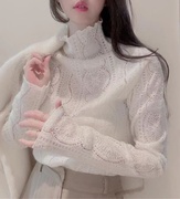 韩国东大门春装法式时尚，气质蕾丝钩花半高领打底衫女长袖t恤