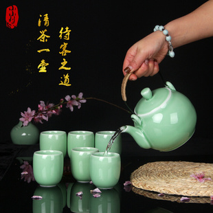 小利青瓷提梁壶大号陶瓷泡茶壶，家用大容量凉水壶，带漏茶具套装礼盒